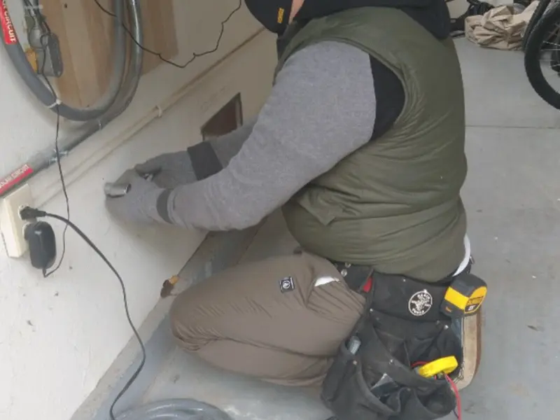 Electrician performing outlet wiring in a Clarendon garage
